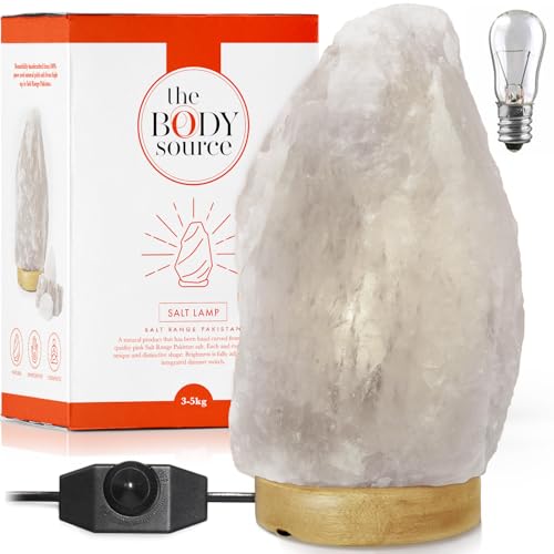 The Body Source Salzlampe (3-5 kg) mit Dimmerschalterlicht aus der Salt Range Pakistan auf einem Holzständer - Nachtlicht inkl.10W Glühbirnen und Geschenkbox