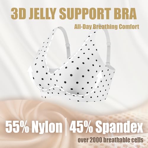 Jelly Wireless Bra for Women Deep V Push Up Seamless Bras Comfortable Plunge No Underwire Bra with Adjustable Straps Everyday Bras White Polka dot — view 4