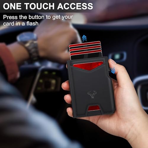 Image of VOGARD Smart Pop-Up Leather Wallet for Men & Women | RFID Blocking Card Holder with Money Clip | Slim Magnetic Bifold Wallet with Quick Access Button - Holds 14 Cards & Cash (Black)