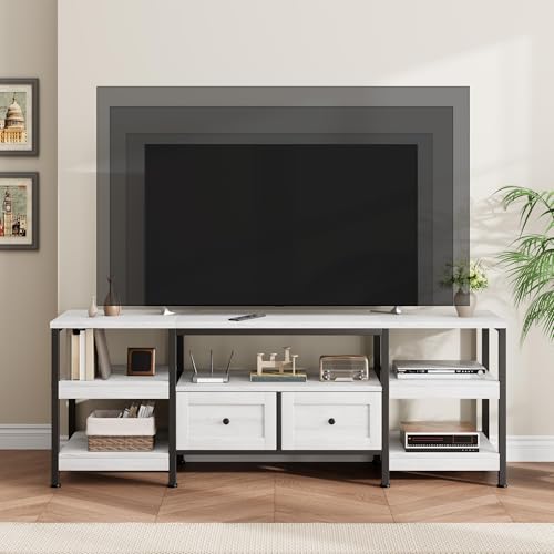Garvee Meuble TV Industriel Moderne – 2 tiroirs, étagères de Rangement, Design Ouvert, Cadre métal – pour Salon – Blanc Antique, 1,6 mètre