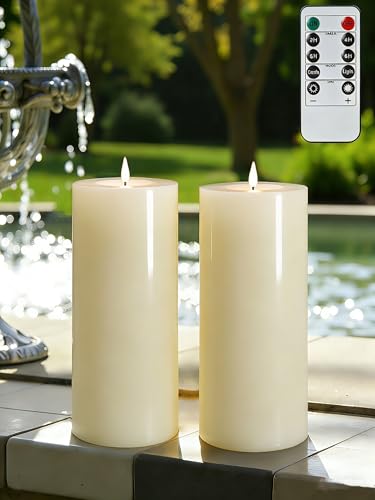 Image of Gmnee 4 inchx8 inch Outdoor Waterproof Flameless Candles with Remote Timers Plastic | Extra-tall, Extra-large, Battery Operated Candles, LED Candles, Electric Fake Pillar Candles for Patio Decor (Ivory)