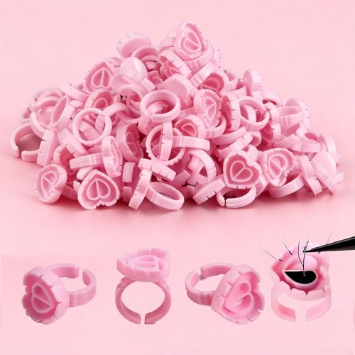 300Pcs Glue RingsUrknall Lash Glue Rings for Eyelash Extensions Lovely Pink Heart Shaped Lash Extension Holder for Eyelash Extensions Nail Art Adjustable Fit for All Finger Sizes