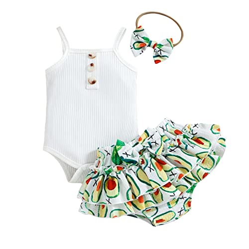 Zukmuk Capa para niña de 3 piezas pelele con correa para espaguetis con botón + falda con impresión de fruta + banda de arco completo de verano para niña (blanco aguacado, 12-18 meses)