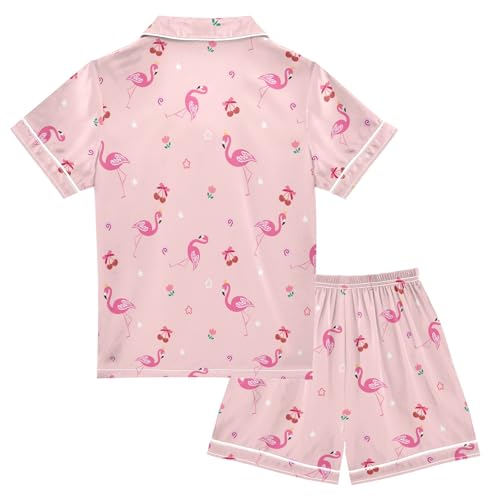 Flamingo Pink Prints Summer Satin Pajama Set, Cute Button-Down Sleepwear Pj Set for Sleep Wears2