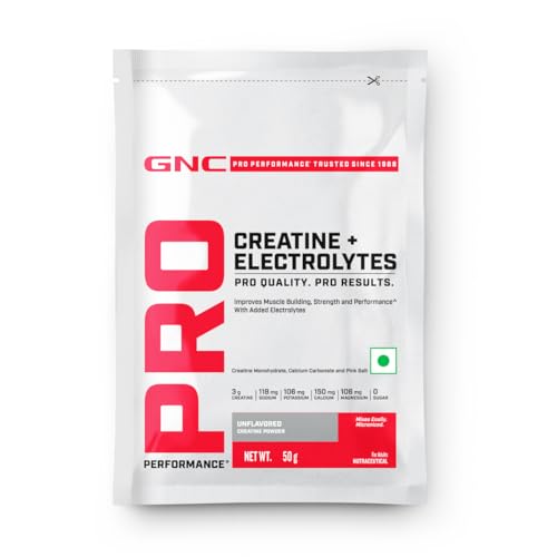 Image of GNC Creatine+ Electrolytes | 3g Creatine Monohydrate + Sodium, Potassium, Calcium, Magnesium | Boosts Muscle Growth, Hydration, Energy & Recovery | Zero Sugar | 100% Veg | 50g | Unflavoured