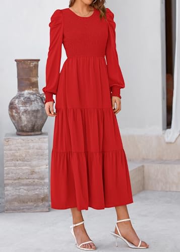 KIRUNDO Fall Dresses for Women 2025 Long Sleeve Maxi Wedding Guest Smocked Crew Neck Empire Waist A Line Flowy Long Dress4