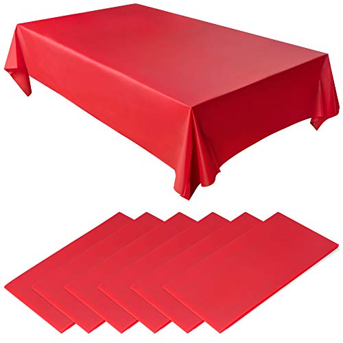 Caitline's Red Disposable Plastic Tablecloth Set - 6 Pack- Long 8ft Rectangular Length, Waterproof Table Covers for Indoor or Outdoor Events, Birthday Parties, Weddings or Graduations, 54 x 108 Inch