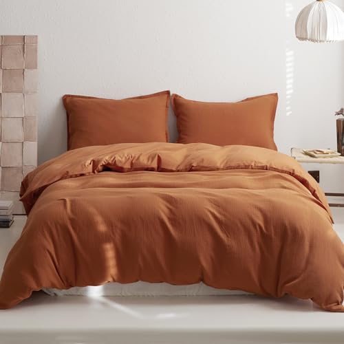 Simple&Opulence Juego de Funda Nórdica de Muselina, 100% Algodón Ultra Suave y Ligera Funda Nórdica Seersucker con Fundas de Almohada(Naranja,230×220cm)