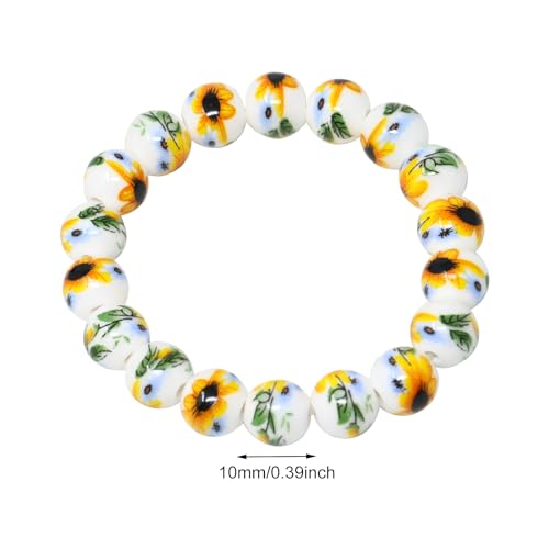 Honbay 1PCS Sunflower Porcelain Beads Bracelet Flower Ceramic Bead Stretch Bracelet with 1PCS Velvet Drawstring Bag2