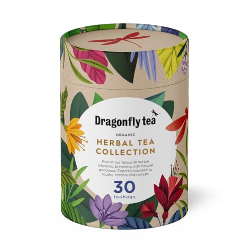 Dragonfly Tea Organic Herbal Tea Gift Collection, (30 teabags), Organic Bags Night Sky Calm, Cape Malay Chai, Mint Garden Digestif, Happy Times Tulsi & Golden Balance Turmeric
