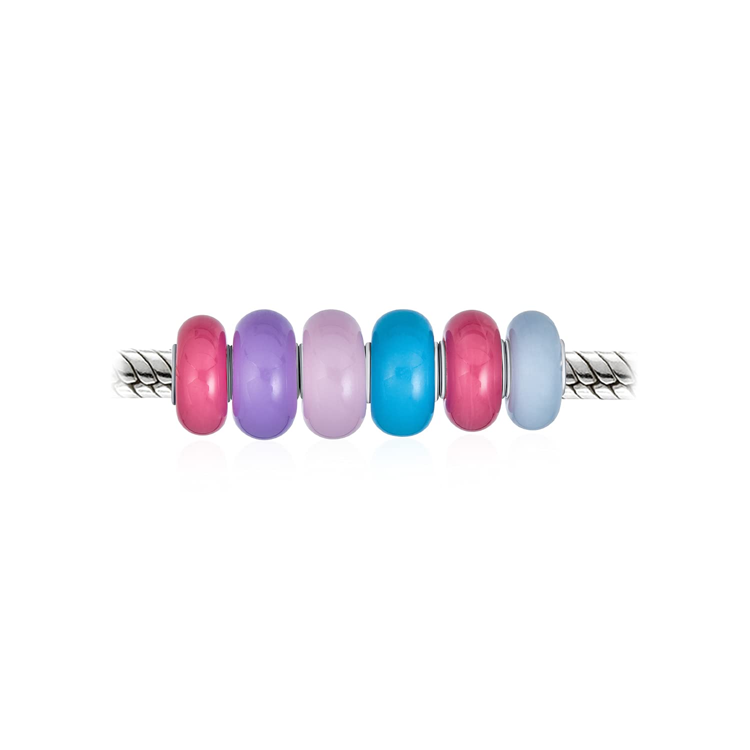 Bling Jewelry Gemischter Satz Von Bündel .925 Sterlingsilber Kern Undurchsichtig Blau Lila Rosa Lila Multi Color Murano Glas Pastell Charm Bead Spacer Fits European Armband Für Frauen Teen