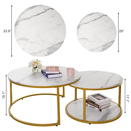 Image of NSdirect Nesting Coffee Table Set of 2,Round Coffee Tables Modern Circle Table for Living Room Accent End Side Table with Storage Open Shelf Faux Marble Wood Top & Gold Sturdy Metal Frame,White