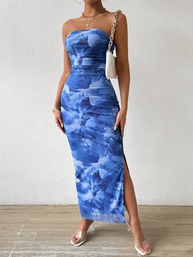 Image of LIGHT DOT Women's Summer Dress Printed Strapless Tube Bodycon Maxi Side Slit Mesh Layered