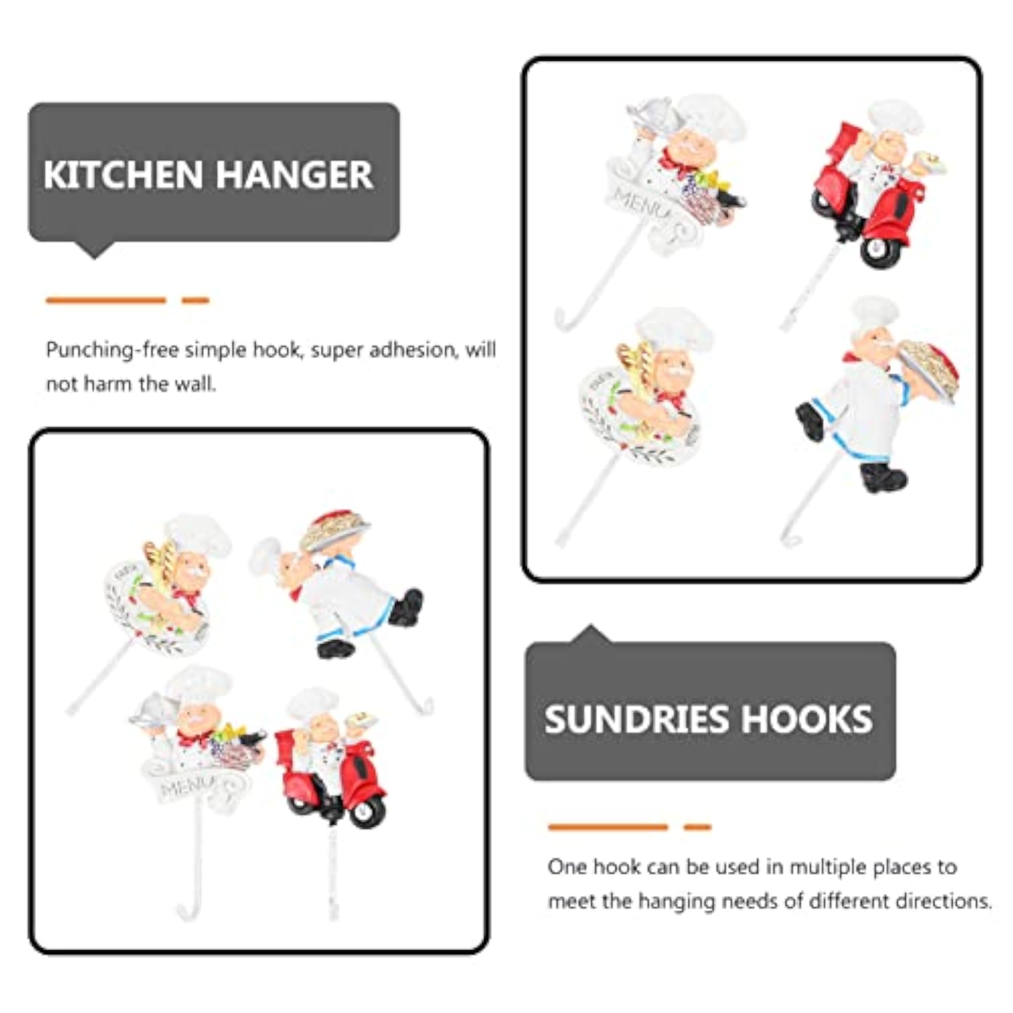 4Pcs Decorative Resin Hooks Cartoon Chef Wall Hook Rack