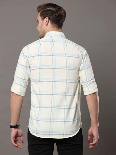 Image of COOL COLORS Men's Cream Slim Fit Cotton Casual Checks Shirt