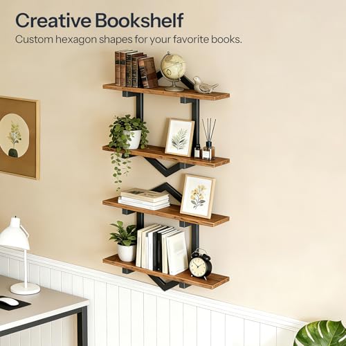 Image of HOOBRO Floating Shelves, 15 Inch Wall Shelf Set of 2, Wall Mounted Storage Shelves 2-Tier, Hanging Bathroom Shelves, for Living Room, Bedroom, Bathroom, Kitchen, Rustic Brown and Black BF13BJP201