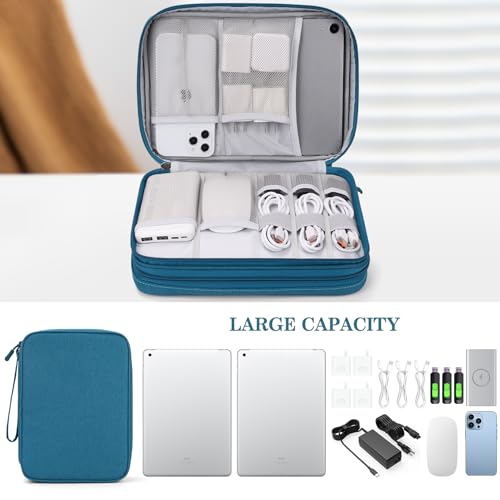 Image of FYY Electronic Organizer, Extra Large Travel Cable Organizer Bag Pouch Portable Waterproof Double Layers All-in-One Storage Bag for iPad, Cable, Power Bank, Laptop Charger for Office /Home, Dark Green