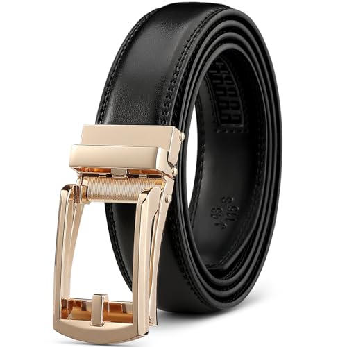 Founders & C Mens Ratchet Belt Leather Click 1 1/4 with Slide Buckle Casual Dress Belt Adjustable (Gold/Black 36 to 42 Waist Adjustable)