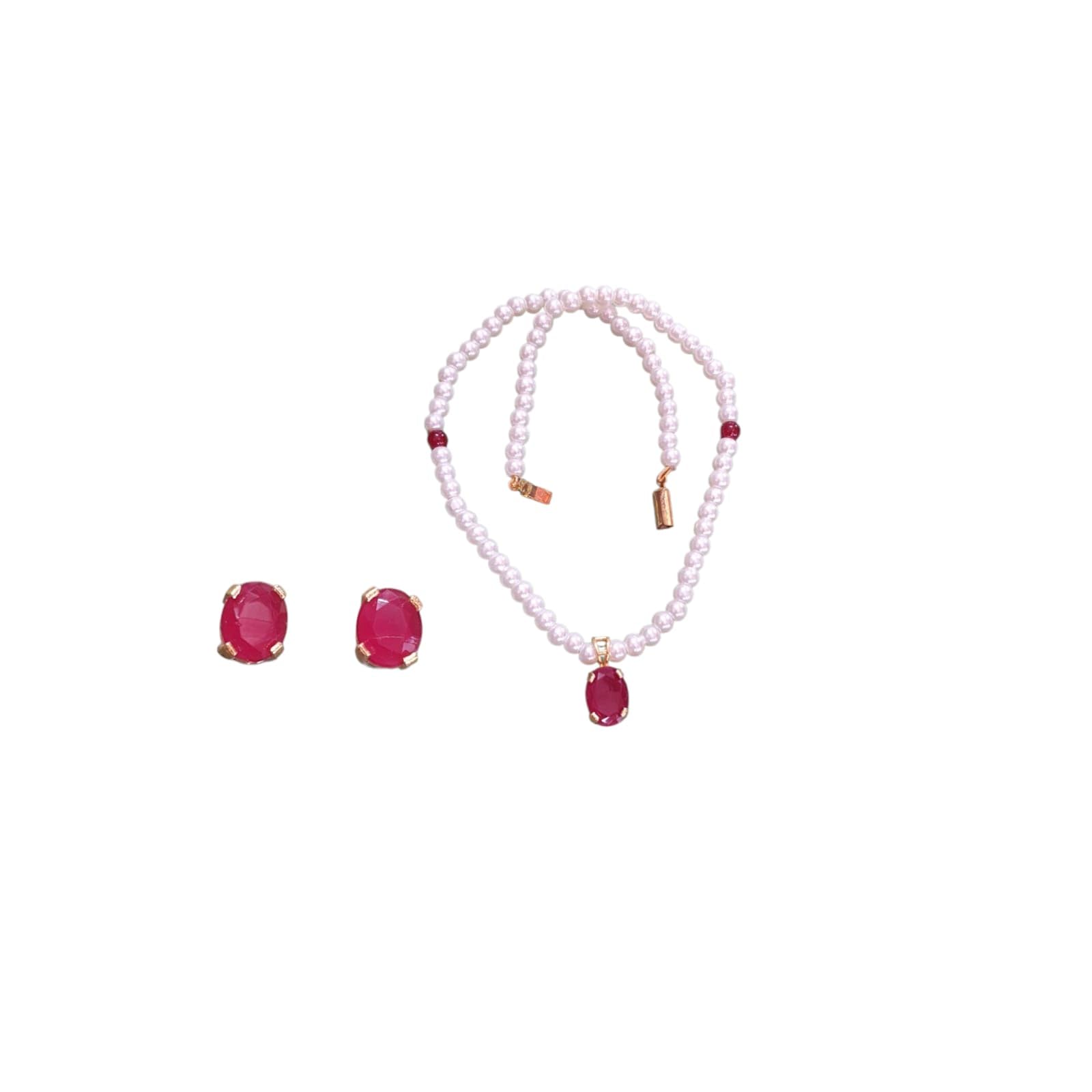 Pearl and Ruby Jewellery Set with Necklace and Stud Earrings, Pink and White-image-44