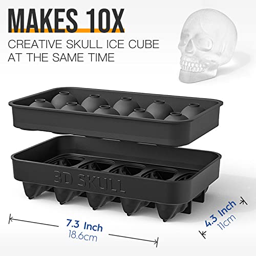 Mtko 3D Skull Ice Cube Mold - Flexible Silicone Skull Ice Maker Mold For Whiskey - 10 Cavity Skull Ice Cube Tray With Funnel - Skull Silicone Mold For Baking, Chocolate, Candy And Resin #TOP3