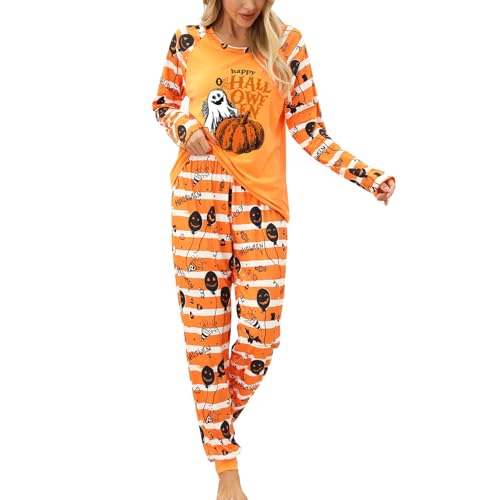 SANSIWU Halloween-Pyjama-Set für Damen Geister-Kürbis-Druck langärmelige Oberteile mit Rundhalsausschnitt + lange Hose mit elastischem Bund Loungewear Orange L