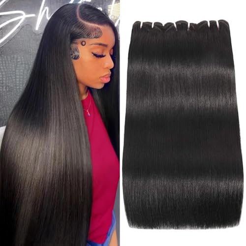 Straight Human Hair Bundles 16A Double Drawn Indian Raw Bundles Human Hair Super Soft Silky Full And Thick No Tangle Triple Lifespan Than Regular Virgin Hair Natural Black 14 16 18 Inch