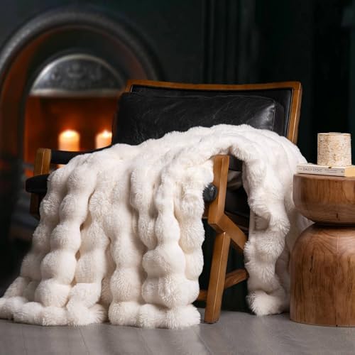 EverGrace Faux Rabbit Fur Bubble Throw Blanket, 50"x60", Ivory White