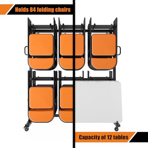 Albott Folding Chair Rack 24 Tables or 84 Chairs Storage 1100 LBS Capacity Heavy-Duty Folding Chair Cart with Wheels, 2 Elastic Cords, Cover, Glossy Black