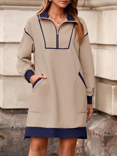 Image of Wenrine Womens Half Zip Sweatshirt Dress Fall V Neck Contrast Mini Dresses
