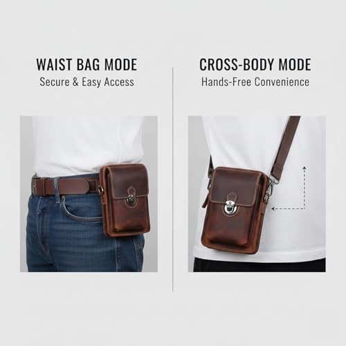 Image of MENSCH 3 in 1 Genuine Leather Office Bussiness Messenger Crossbody Side Sling Shoulder & Waist Accessories Bag For Daily Use, Travel Bag With Detachable Strap for Men & Women | 1 Year Warranty