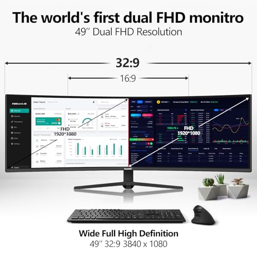 Image of Gawfolk 49 Inch Ultra-Wide Curved Gaming Monitor 165Hz PC Screen 3840x1080 | Ultrawide Dual FHD Computer Dispaly, FreeSync, Height Adjustable, HDMI 2.1 /DP 1.4, Compatible Wall Mount 100*100mm