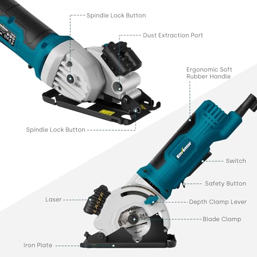 ENVENTOR Mini Circular Saw, 4.8A Electric Circular Saw Corded with Laser Guide, 4000RPM, 3 Saw Blades 3-3/8\" Max Cutting Depth 1-1/16\", Compact Hand Saw for Wood, Soft Metal, Tile, Plastic (Blue)