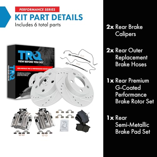Image of TRQ Performance Rear Brake Pad and Rotor Set Semi Metallic Drilled Slotted Coated Rotors Calipers Compatible with 2007-2010 Volkswagen Beetle 1999 Golf
