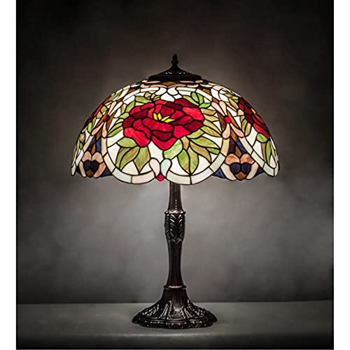 Meyda Tiffany 232798 Tiffany/Mica Three Light Table Lamp from Renaissance Rose Collection Dark Finish, 20.00 inches, Mahogany Bronze