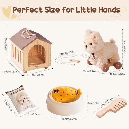 ROBUD Hund Spielzeug Kinder, 2-in-1 Nachziehtiere Spielzeug & Tierpflege Rollenspielset mit Holz Hundehütte & Abnehmbaren Rädern, Zubehör, Holzspielzeug Geschenk für Jungen Mädchen ab 2 3 Jahren