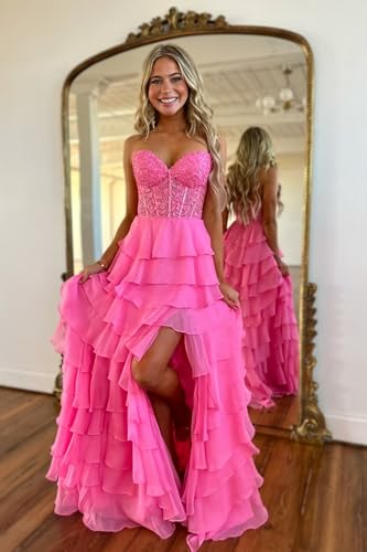 Chiffon Prom Dress for Women Lace Applique Tiered A-Line Formal Evening Gowns with Slit BOF1762