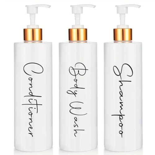 Dispensador Jabon Baño | Set de 3 Botes para Gel Champu y Acondicionador 500ML | Este Dosificador Jabon Baño Color Blanco y Dorado es Elegante y Realzará el Estilo de tu hogar