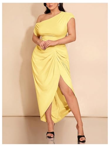 Image of Floerns Women's Plus Size Asymmetrical Neck Long Dress Ruched Slit Hem Cocktail Dress