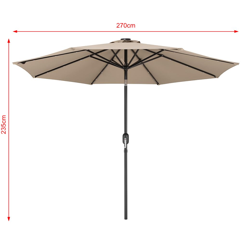 BAKAJI Sombrilla de jardín de 270 cm de diámetro, con luces LED y sistema antiviento, parasol de exterior con 8 varillas y varillas Airvent, ideal para bar, restaurante, patio, balcón, apertura con