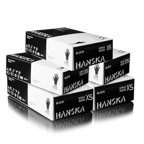 HANSKA Paquete de 500 Guantes desechables de nitrilo negros – Sin polvo – Desechar – No estériles – Base de goma – Apto para ámbitos médicos, manipulación de alimentos (500, XS)