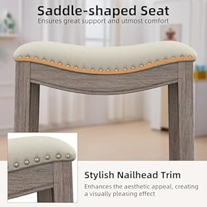 Bar Stools Set of 3, Counter Height Stools Saddle Seat, 27” Vintage Linen Fabric Stools with Wood Legs and Nailhead Upholstered Seat for Kitchen Island, Beige Bar Stools Set of 3 Counter Height Stools Saddle Seat 27 Vintage Linen Fabric Stools with Wood Legs and Nailhead Upholstered Seat for Kitchen Island Beige