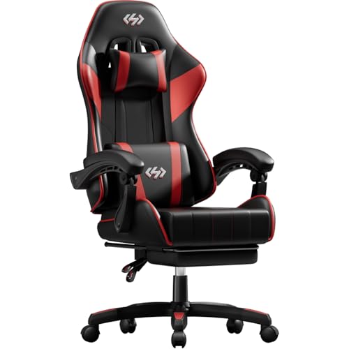 Image of HLDIRECT Gaming Chair, Ergonomic Computer Office Chair with Lumbar Support Footrest Headrest, Adjustable Height & Backrest Angle Video Gamer Chair, PU Leather, 360 Swivel, Adult (Black&Red)
