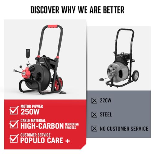 Image of POPULO Drain Cleaner Machine 100Ft x 3 /8 Inch, Root Killer, Auto feed Sewer Snake Auger on Wheels, Electric Drain Auger Professional for 1.5 to 3 Inch Pipes & Foot Switch with 8 Cutters
