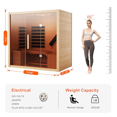 Dual System Wooden Steam Sauna Room with 4.5 KW Stove Heater, Luxurious Indoor Infrared Sauna Home with 7 Upgraded Heaters, Canadian Helmock, 71" L x 51" W x 75" H - Image 5
