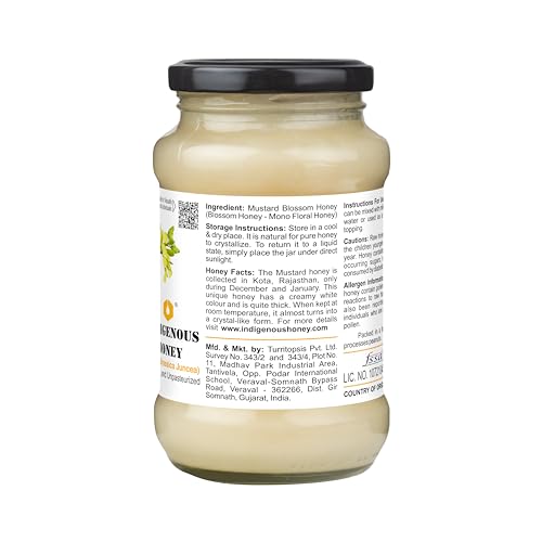 Image of INDIGENOUS HONEY Crystallized Mustard Sarso Honey Raw Natural Pure Unprocessed NMR Tested Unpasteurized Unheated 530g Glass Jar Pack of 1