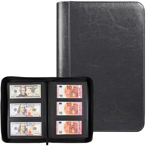 Banknote Collection Album with 180 Pockets WITHYU Ringless Currency Organizer with Clear Non-PVC Sleeves for Banknotes Bills Tickets and Collectibles (Black)