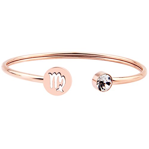 Zuo Bao Simple Rose Gold Zodiac Sign Cuff Bracelet with Birthstone Birthday Gift for Women Girls (Virgo)