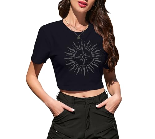 Image of Betusline Girls & Women Basic Summer Short Sleeve Slim Fit T-Shirts Soft Crewneck Crop Y2k Tee Cute Gym Fashion Clothes