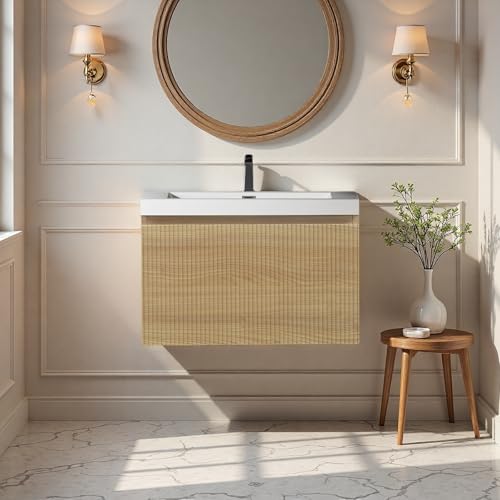 Image of 24'' Floating Bathroom Vanity with Sink, Wall-Mounted Bathroom Storage Cabinet with Soft-Close Striped Drawer & Solid Surface Basin, Modern Natural Oak Body with Internal Handle, Wood