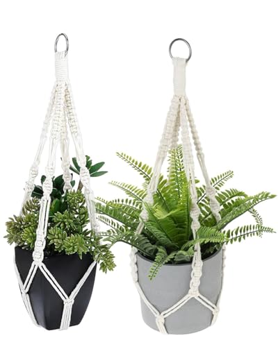 KEMUZ 2Pcs cestas colgantes de macramé para interiores con cuerda de algodón, 55 cm decoración bohemia, cesta para plantas interiores, exteriores, techos, balcones, decoración de pared